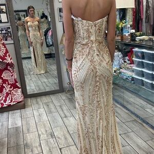 Strapless Sequin Evening Dress in Gold and Cream